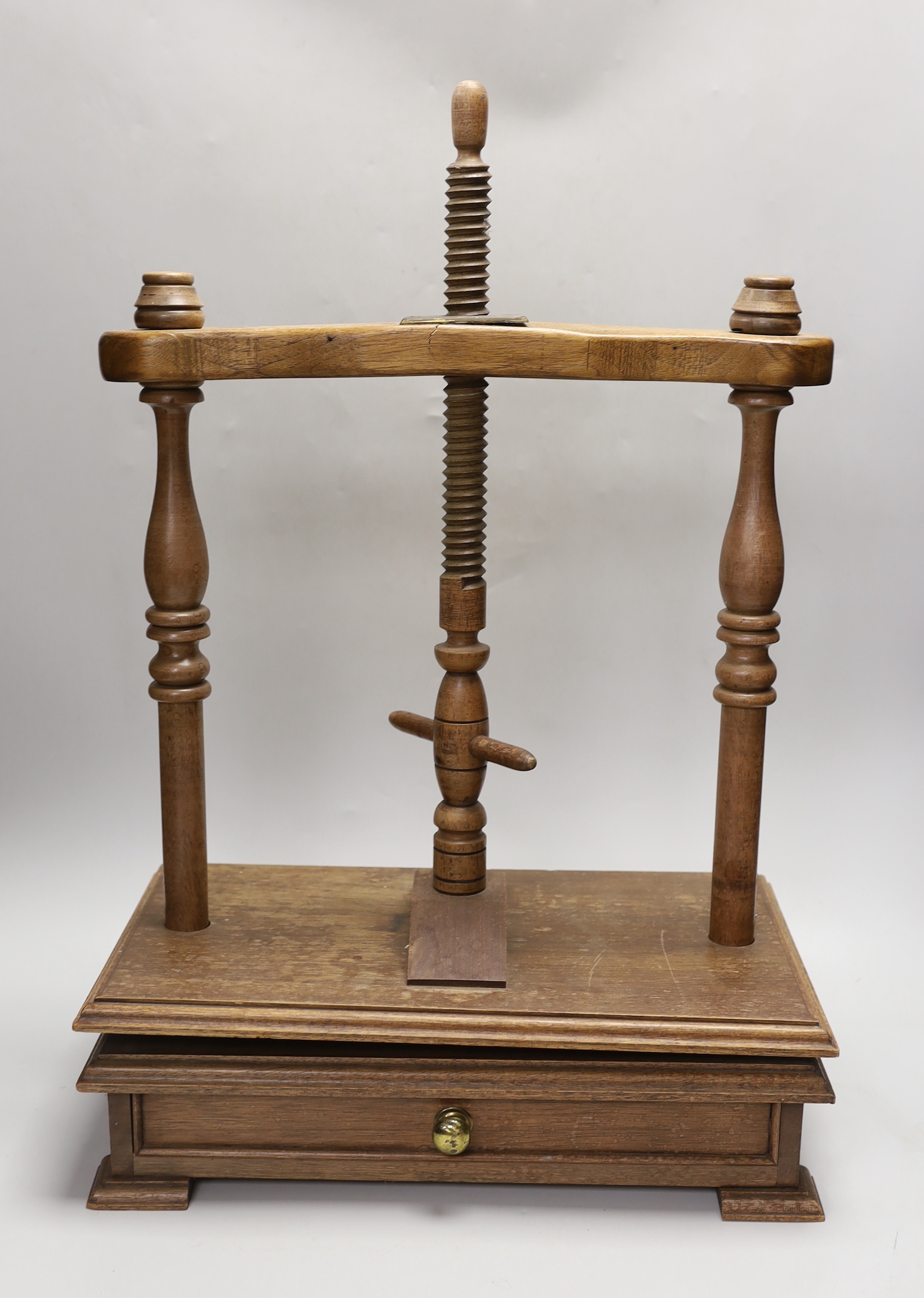 A mahogany and elm book press, 57cm at shortest